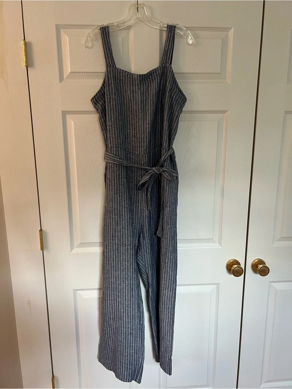 Quince Blue & White Striped Linen-Blend Sleeveless Jumpsuit with Tie Waist